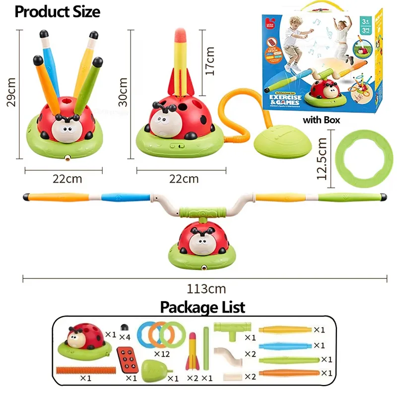 3 in 1 Ladybug Sport Entertainment Exercise Game Toy, Multifunction Rope Skipping Machine Ferrule Jump Rocket Launcher , Ring Toss Game Outdoor Fun For Age 3-6 Years (296Y)